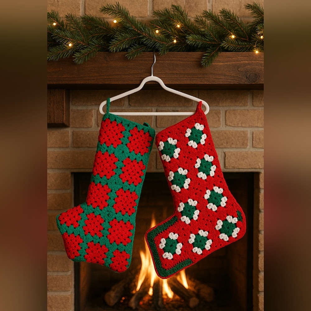 Crochet Granny Square Christmas Stockings – Red & Green Handmade‎ Holiday Decor